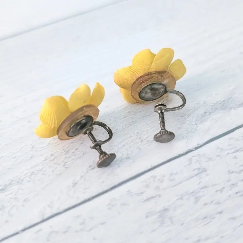 Vintage Screw On Earrings Yellow Flower? - Fair Condition